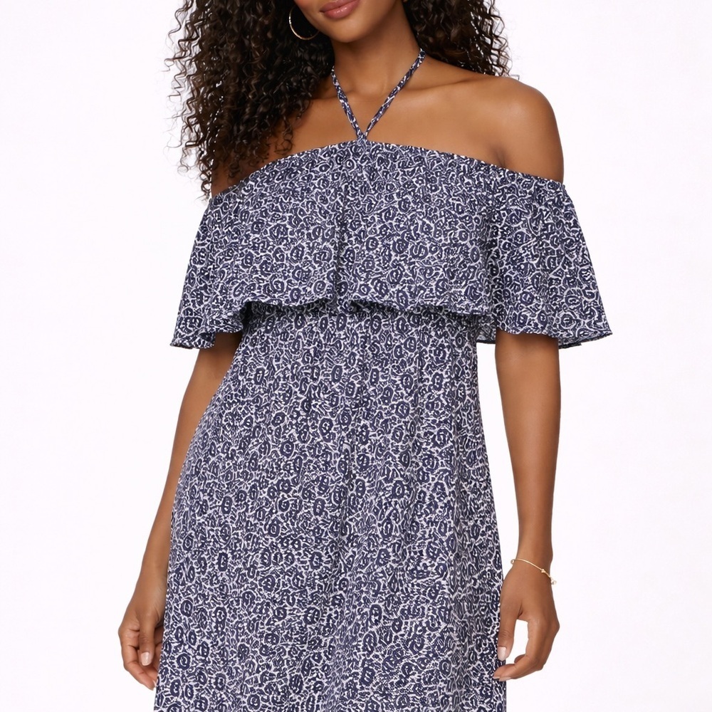 Rebecca Minkoff Off Shoulder Ruffle Halter Dress Blue Floral Size 6